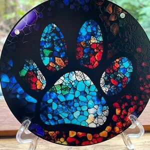 Suncatcher Paw Print Round Acrylic Animal Faux Stained Glass Gift Memorial